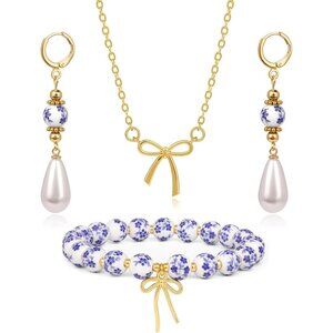 Beads Bow Charm Bracelet Jewelry Set for Women Flower Vintage Dainty Bow Pendant